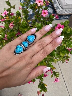 Western Rodeo Triple Turquoise Cluster Statement Ring - Blue Adjustable